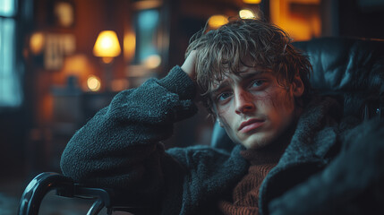 Obraz premium Sad man sitting in a wheelchair and holding head. Emotional and depressed scene.