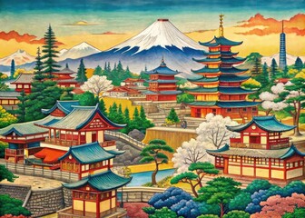 Fototapeta premium Snow-dusted temples and pagodas rise from a misty dawn, as crimson lanterns and golden roofs shimmer amidst a tapestry of greens and blues.