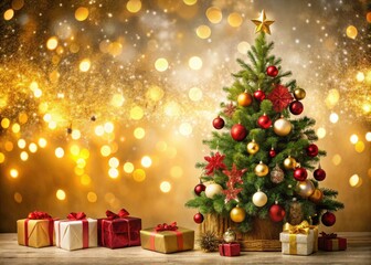 Snowy fir tree stands tall, adorned with shining ornaments and glowing lights, presents wrapped in festive paper scattered beneath, a merry scene to behold.