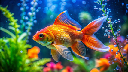 Fototapeta premium Vibrant orange goldfish swims slowly in a clean and well-decorated aquarium filled with colorful aquatic plants and subtle water bubbles.