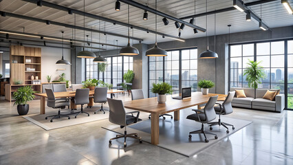 Modern empty office open space interior with sleek gray flooring, minimalist tables, and trendy chairs, perfect for business conference company background settings.
