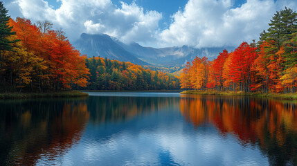 Obraz premium Serene autumn landscape with colorful trees reflecting in the calm waters of an isolated lake, surrounded by a dense forest and mountains