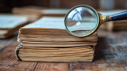 A magnifying glass resting on a stack of old books in a cozy library setting with warm wooden accents and soft natural light