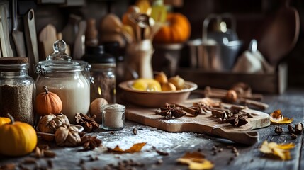Fototapeta premium Autumn home decoration with flowers and pumpkins