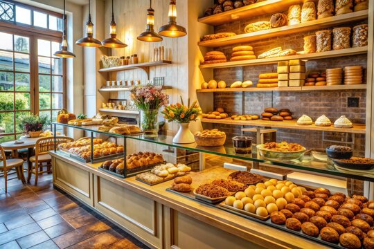 Soft lighting illuminates the warm interior of the small pastry shop, where rows of freshly baked pastries tempt with sweet aromas and tantalizing visuals.