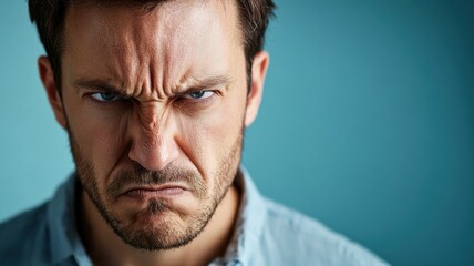 Fototapeta premium Close-up portrait of an angry man with a furrowed brow and intense expression, glaring directly at the camera against a plain background.