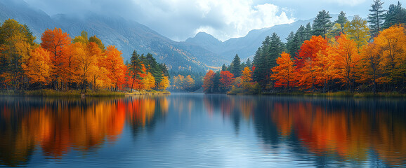 Fototapeta premium Serene autumn landscape with colorful trees reflecting in the calm waters of an isolated lake, surrounded by a dense forest and mountains