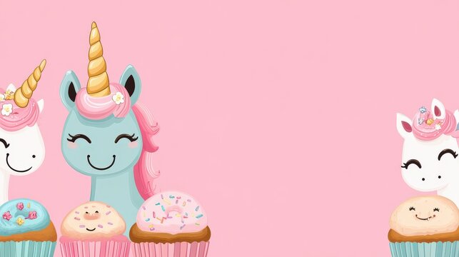 Unicorn with kawaii food, pastel cupcakes and donuts, smiling faces, flat design illustration, Copy space for text, No text, No logo