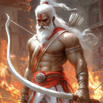 King Rama with white hair wearing armor hold bow stands in front of an ancient temple