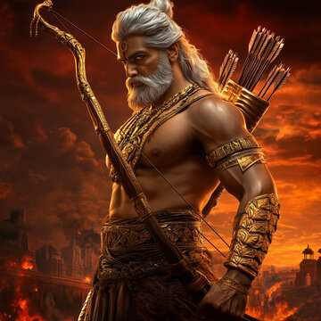 Arjuna Mahabharata with white hair wearing full Indian armor hold bow stands in front of an ancient temple