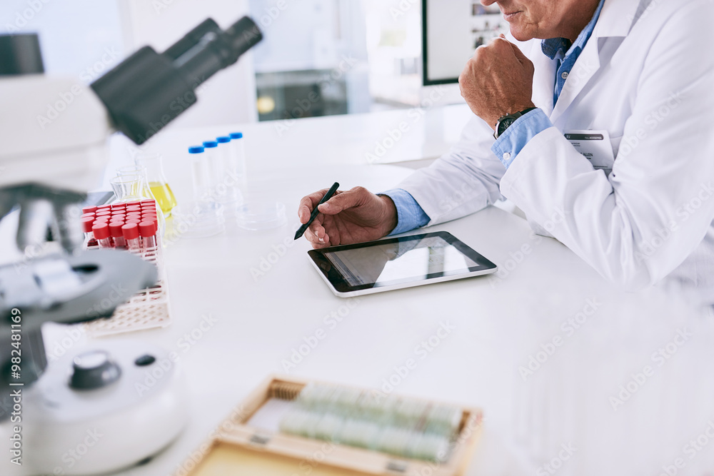 Aufkleber hands, tablet and science with person in laboratory at desk for breakthrough, innovation or research