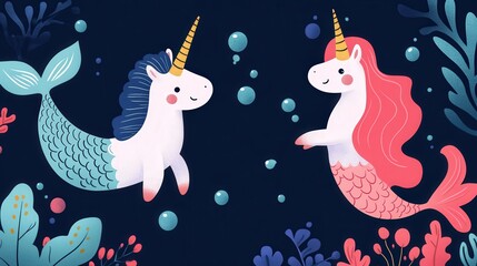 Unicorn and mermaid swimming together, enchanted underwater world, sparkling bubbles, flat design illustration, Copy space for text, No text, No logo