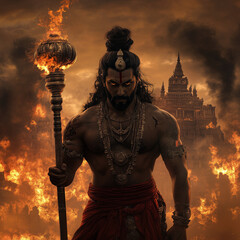 Bhimasena or Bima is wearing armor and holding giant mace prominent figure in Mahabharata