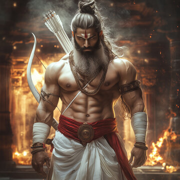 Arjuna Mahabharata with white hair wearing full Indian armor hold bow stands in front of an ancient temple