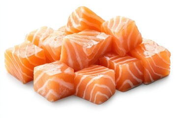 Fresh Salmon Cubes on a White Background