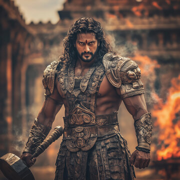 Bhimasena or Bima is wearing armor and holding giant mace. prominent figure in Mahabharata