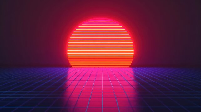 Happy New Year 2025, retro 80s theme, neon gridlines, vibrant synthwave colors, digital sunset backdrop, nostalgic party vibe, 3D illustration, Copy for text, no text, no logo