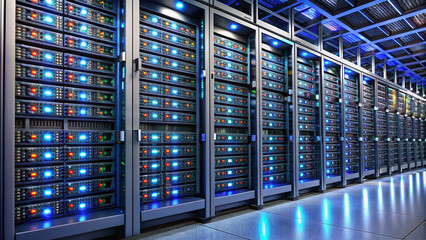 Multiple bay server rack with duplicate RAID controllers ensuring data redundancy, featuring rows of humming hard drives, blinking lights, and tidy cabling arrangements.