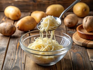 Starchy potato strands fill a bowl, awaiting measurement.