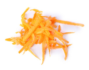 Pile of fresh grated carrot isolated on white, top view