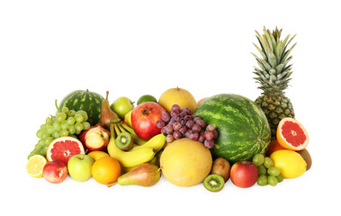 Many fresh ripe fruits isolated on white