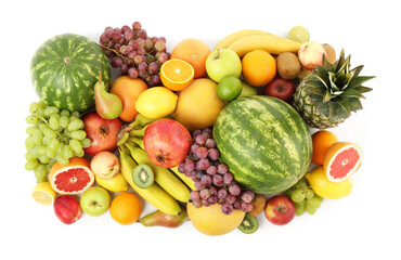 Many fresh ripe fruits isolated on white, top view