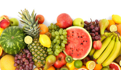 Many fresh ripe fruits isolated on white, top view