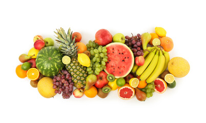Many fresh ripe fruits isolated on white, top view