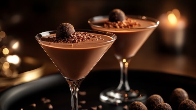 Choco Truffle in martini glasses close-up on a dark tray with space for text or inscriptions
