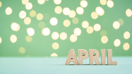 April typography written with wooden letter - new month bokeh background. 