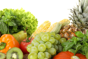 Different fresh fruits and vegetables isolated on white