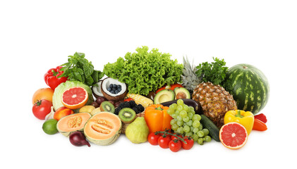 Different fresh vegetables and fruits isolated on white