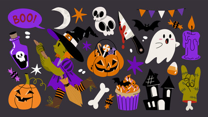 Collection of trendy Halloween stickers, patches. A girl dressed up as a witch, Halloween sweets, pumpkins, ghosts. Groovy Vector set isolated background