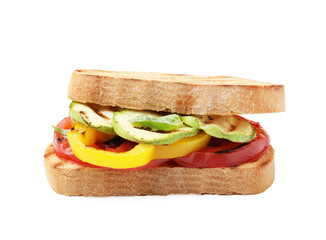 Tasty sandwich with grilled vegetables isolated on white