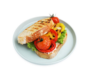 Tasty sandwich with grilled vegetables and cream cheese isolated on white