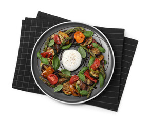 Tasty salad with grilled vegetables and mozzarella cheese isolated on white, top view
