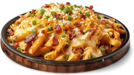 Loaded French fries, topped with melted cheese, bacon bits, and green onions, served on a sizzling hot plate. isolated on white background.