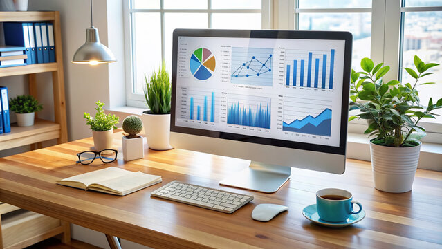 Digital marketer's workstation features a large, interactive SEO dashboard displaying key performance indicators, graphs, and charts to optimize online content for search engines.