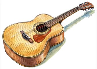 Obraz premium The acoustic guitar's body curves outward, its spruce top gleaming, while the mahogany neck supports six strings, including a low E and high E, around a circular soundhole.