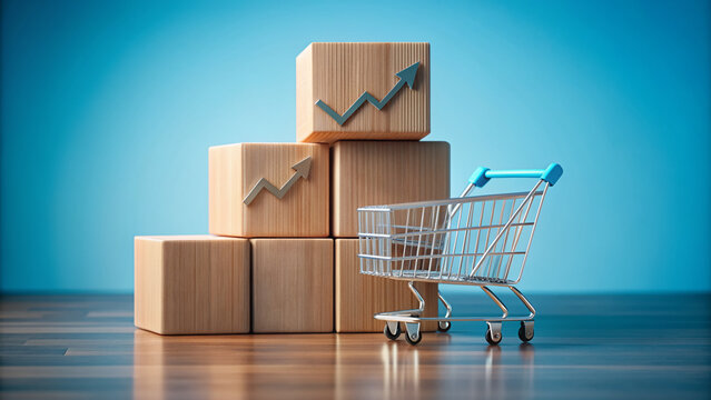 A 3D cube flips to reveal a rising graph and shopping cart icon, symbolizing booming online sales and business growth through e-commerce transactions.