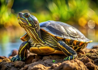Obraz premium The adult common map turtle reclines on a muddy bank, soaking up the warm sunlight that filters through the trees above.