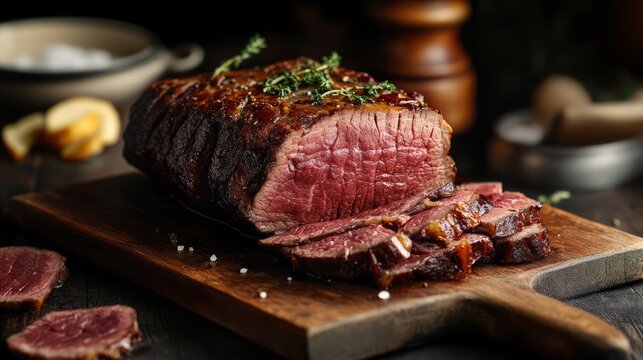 Tasty roasted piece of beef with a slice cut off next to it on a wooden board on a dark rustic background close up
