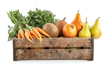 A rustic wooden crate filled with fresh vegetables and fruits, showcasing a vibrant collection of healthy produce.