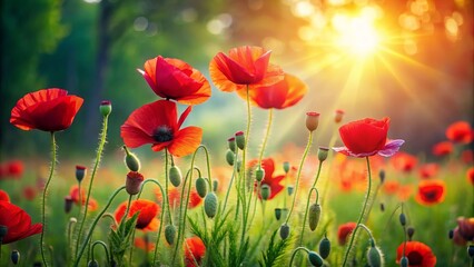 Fototapeta premium Vibrant red poppies sway softly in a sunlit meadow, their delicate petals dancing against a blurred background of