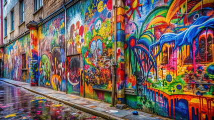 Obraz premium Vibrant abstract wall scribbles background featuring street art graffiti texture with colorful tags, whimsical drawings, faded inscriptions, and splattered spray paint stains.