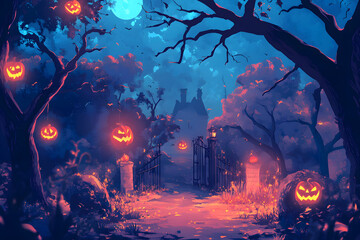 ハロウィンの夜：カボチャランタンが照らす不気味な森