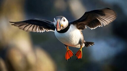 Atlantic puffin in flight against the background of an island close-up with space for text or inscriptions
