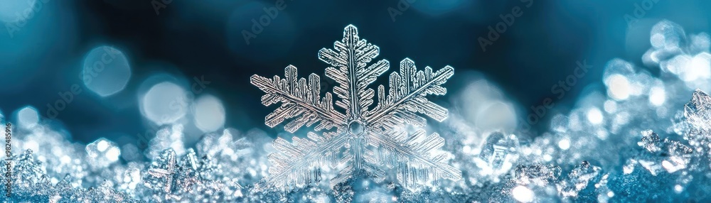 Poster A close-up of a delicate snowflake resting on sparkling snow, showcasing intricate details against a soft blue background.