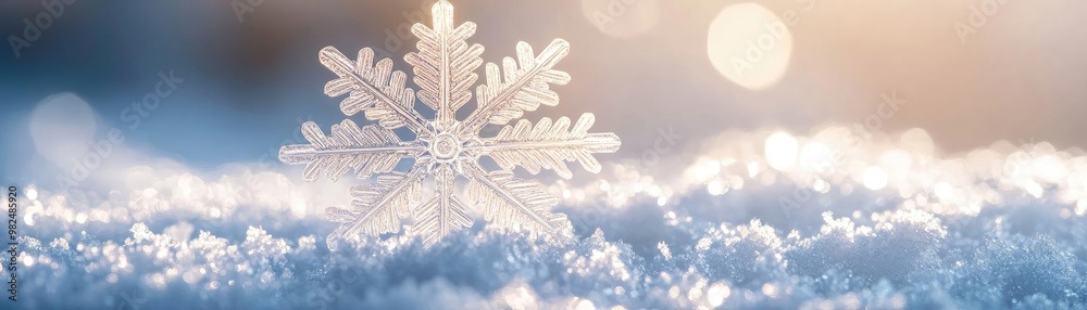 Poster a delicate snowflake rests peacefully on a soft layer of snow, glistening in the gentle light of win