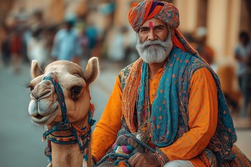 Obraz premium Elderly Rajasthani man in colorful traditional attire with a camel during a cultural festival in India